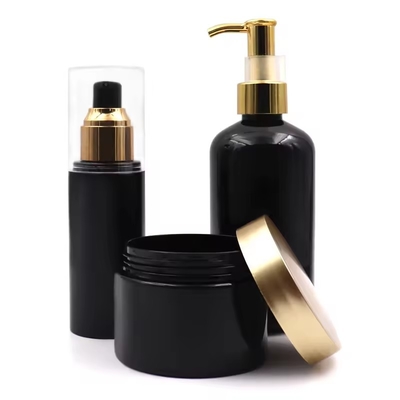 Plastic cosmetische flessen lotion pomp fles met gouden deksel ronde schouder fles