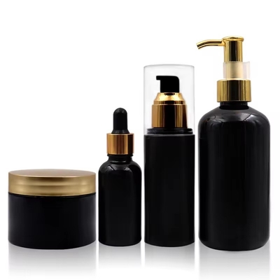 Plastic cosmetische flessen lotion pomp fles met gouden deksel ronde schouder fles